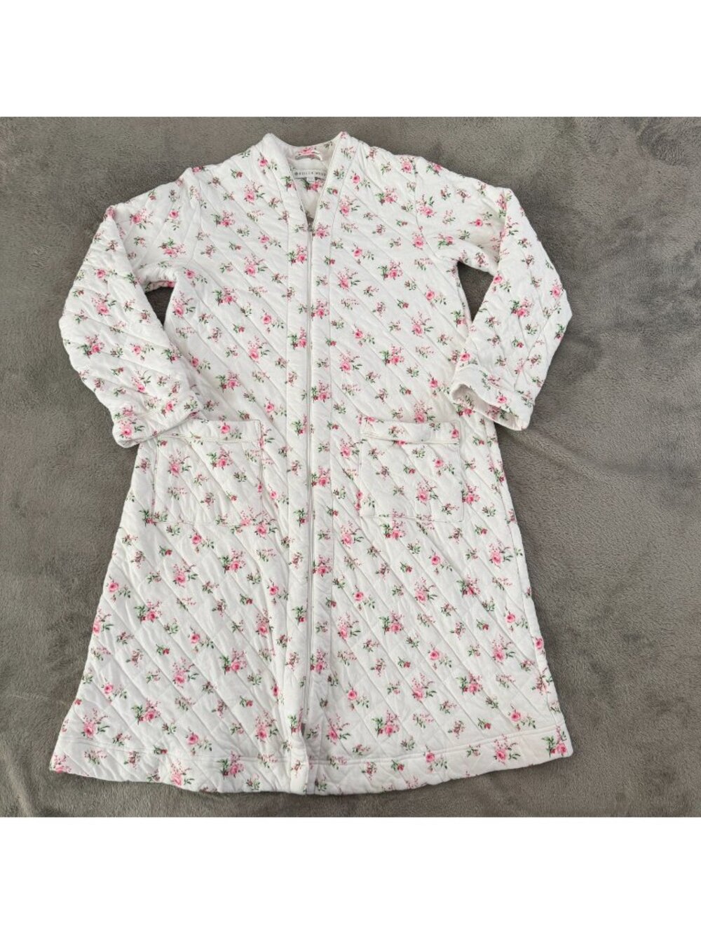 Eileen West White Floral Cotton Full Zip Robe Womens SMALL MEDIUM Cottagecore